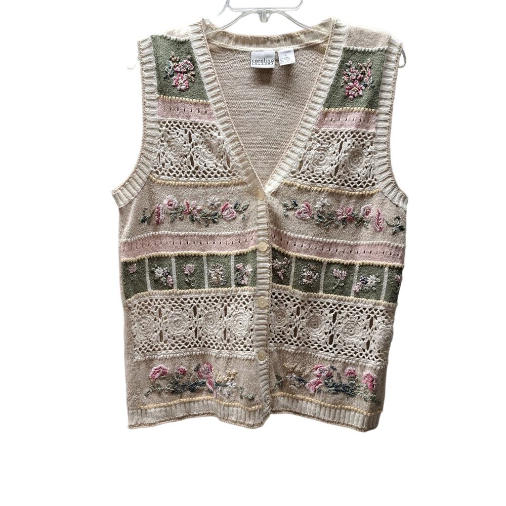 Carolina Colors Granny/Cottagecore Embroidered Floral Cream Pink Sweater Vest Lg
